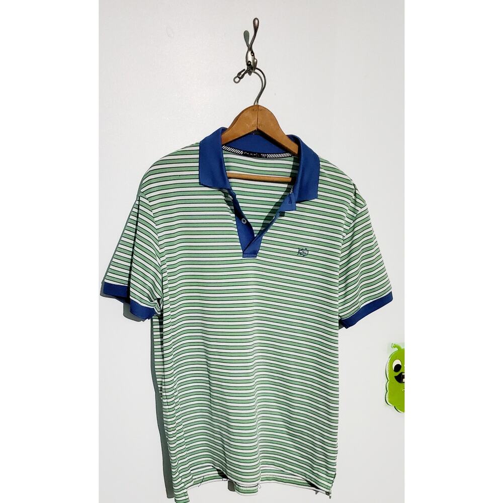 😺 Southern Tide to Tide Mens White Green Striped Golf Shirt Size Large Preppy